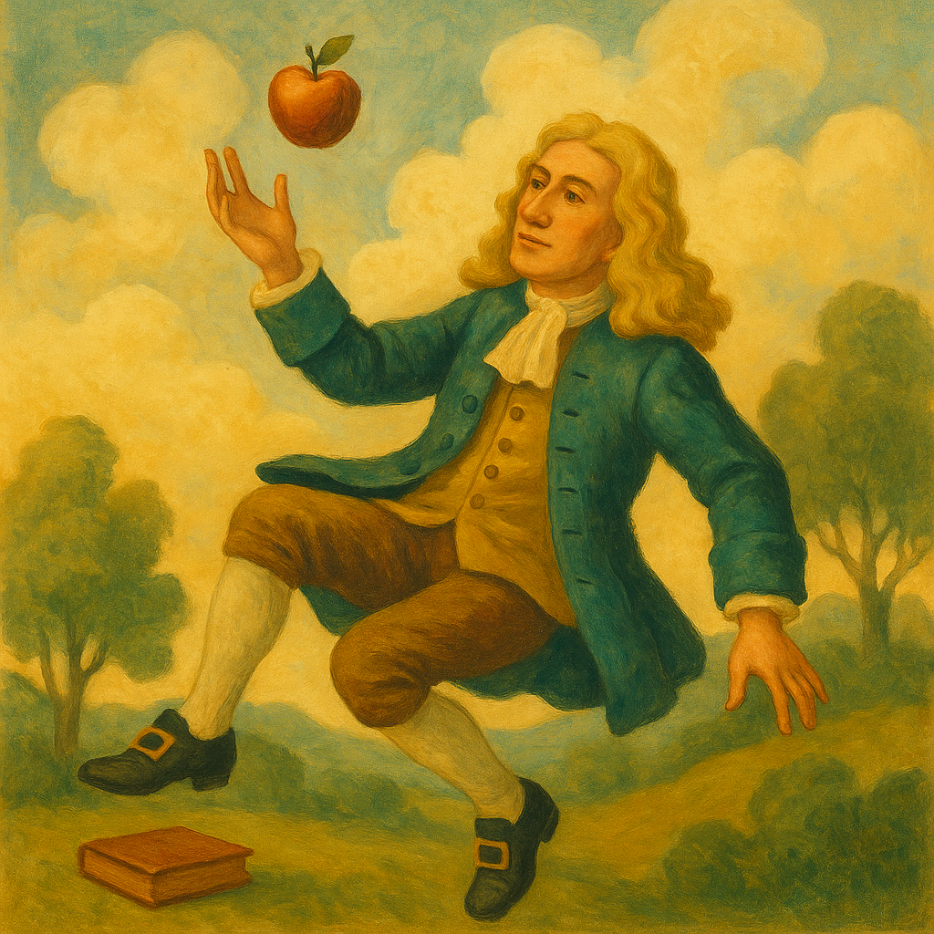 Surreal painting of Isaac Newton floating in the air, gazing at a levitating apple above his hand, with a peaceful countryside background and whimsical brushwork.