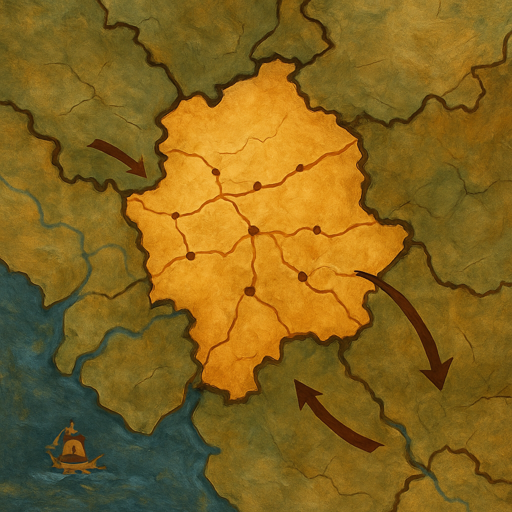 A hand-painted vintage-style map highlighting landlocked countries with distinct borders, rivers, and terrain textures; no text or labels are visible.