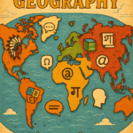 Illustrated world map highlighting global linguistic diversity with symbols, speech bubbles, and cultural motifs—visually representing how geography shapes language distribution.