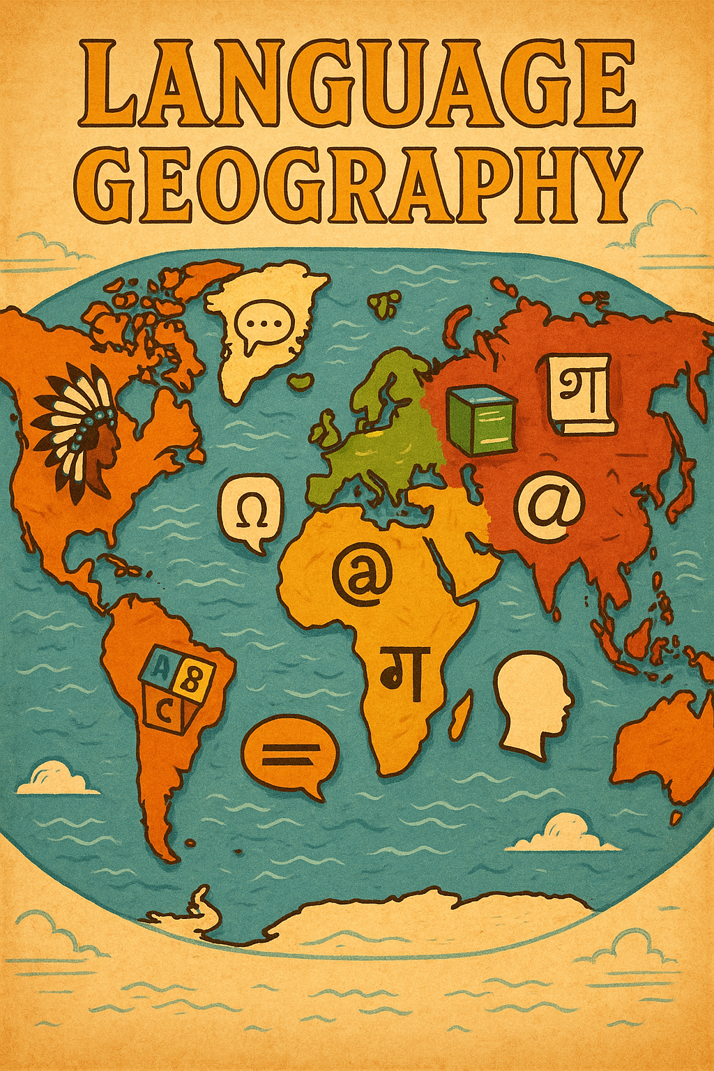 Illustrated world map highlighting global linguistic diversity with symbols, speech bubbles, and cultural motifs—visually representing how geography shapes language distribution.