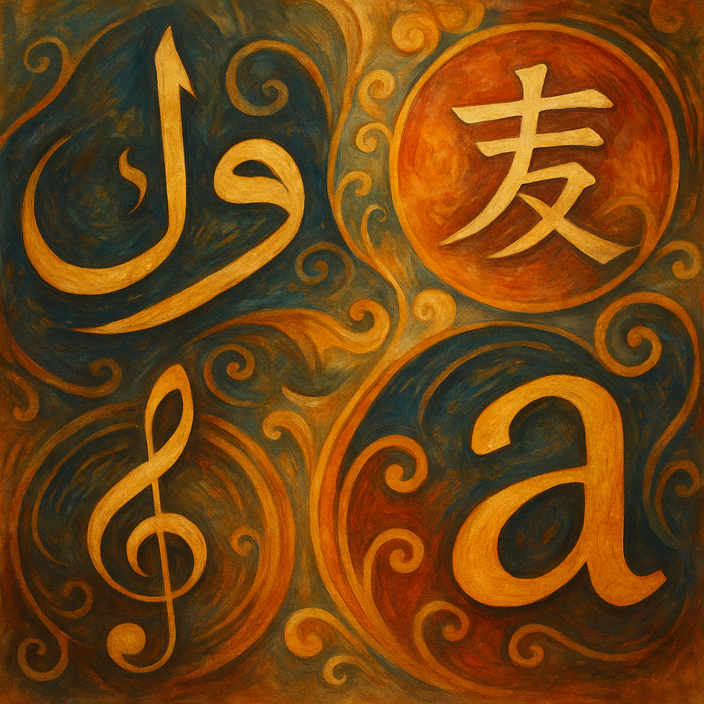 "Abstract digital painting depicting diverse scripts and phonetic waveforms symbolizing the aesthetic beauty of global languages"