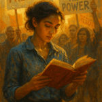 A symbolic painting showing a writer’s hand breaking chains with a feather quill, symbolizing literature as a force of rebellion