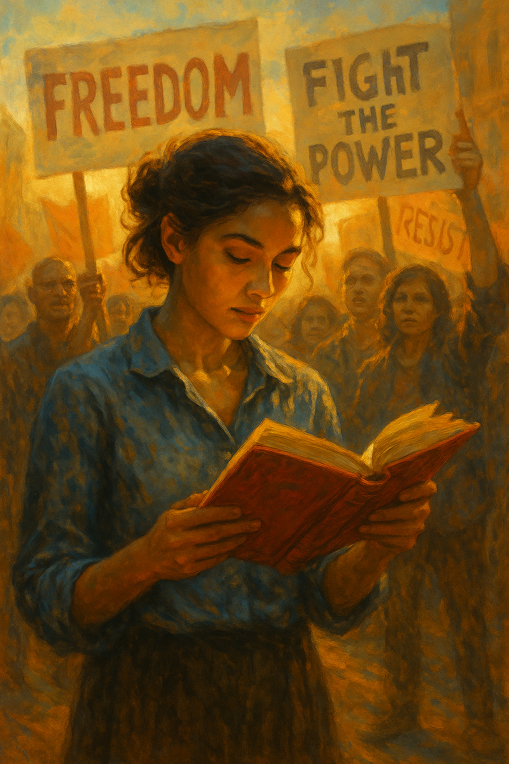 A symbolic painting showing a writer’s hand breaking chains with a feather quill, symbolizing literature as a force of rebellion