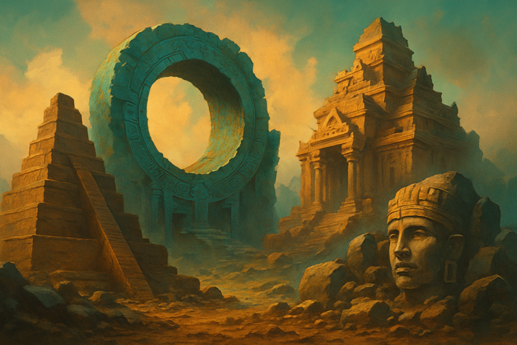 Ancient ruins of a lost civilization hidden in lush greenery, symbolizing forgotten cultures and mysterious history