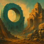 Ancient ruins of a lost civilization hidden in lush greenery, symbolizing forgotten cultures and mysterious history