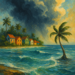 “Artistic illustration of rising sea levels threatening small island nations like Maldives and Tuvalu due to climate change”