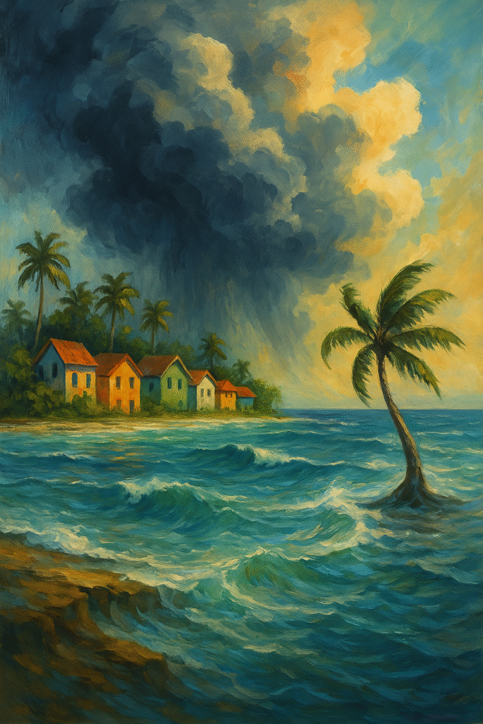 “Artistic illustration of rising sea levels threatening small island nations like Maldives and Tuvalu due to climate change”