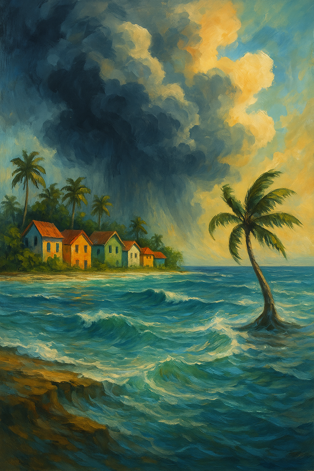 “Artistic illustration of rising sea levels threatening small island nations like Maldives and Tuvalu due to climate change”