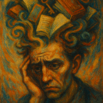 Colorful oil painting of a man overwhelmed by swirling data patterns representing information overload and cognitive pressure.