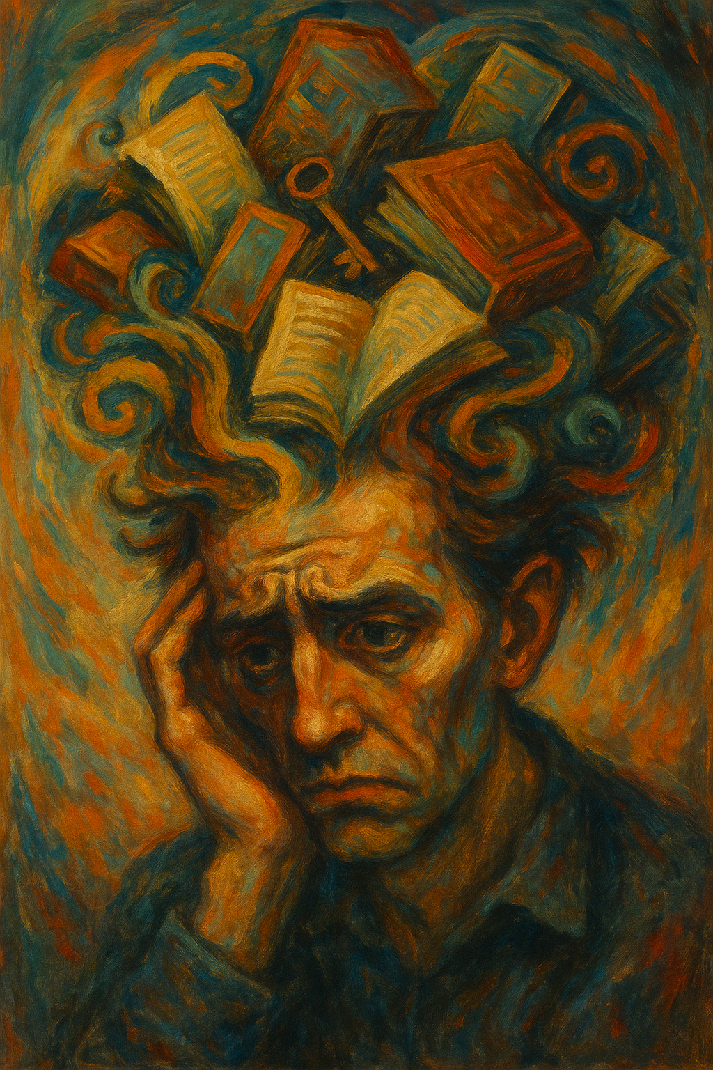 Colorful oil painting of a man overwhelmed by swirling data patterns representing information overload and cognitive pressure.