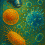 Photorealistic oil painting of microscopic organisms including cells, bacteria, and viruses in vivid colors