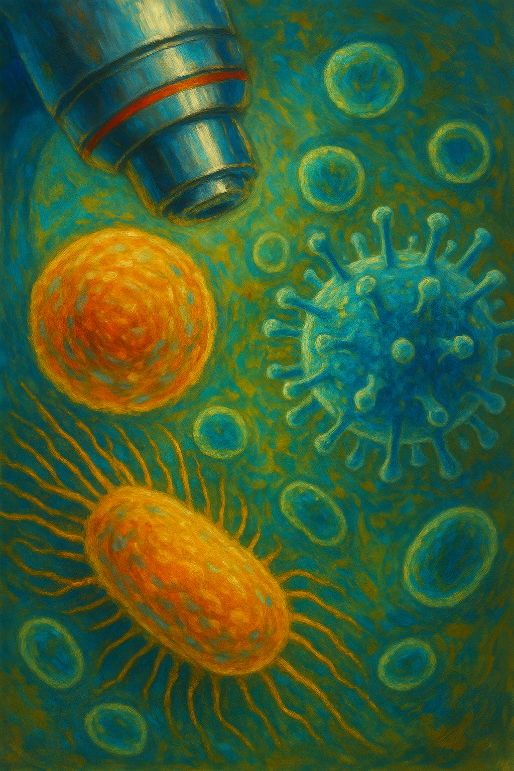 Photorealistic oil painting of microscopic organisms including cells, bacteria, and viruses in vivid colors