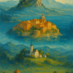 Traditional oil painting of European microstates with mountainous and coastal landscapes