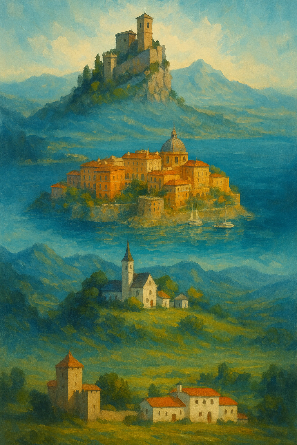 Traditional oil painting of European microstates with mountainous and coastal landscapes