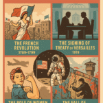 Colorful educational illustration poster depicting major misunderstood events in world history, including the French Revolution, Moon Landing, Berlin Wall, and more.