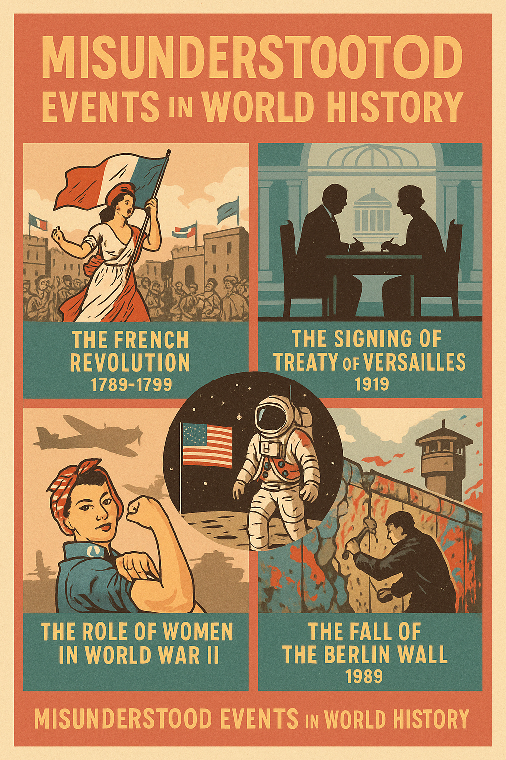 Colorful educational illustration poster depicting major misunderstood events in world history, including the French Revolution, Moon Landing, Berlin Wall, and more.