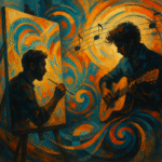 "Digital painting illustrating the fusion of music and visual art, featuring abstract waveforms blending with colorful brushstrokes and musical symbols."
