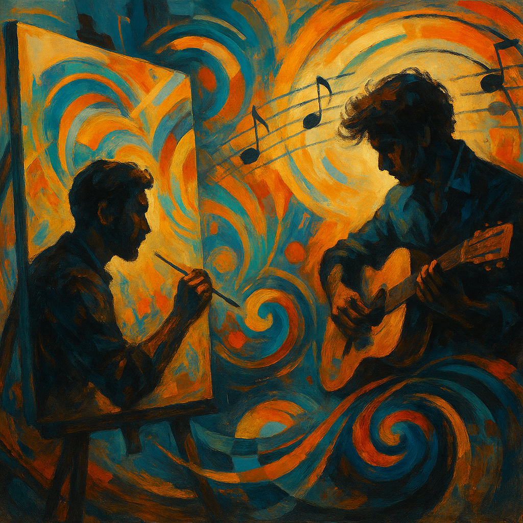 "Digital painting illustrating the fusion of music and visual art, featuring abstract waveforms blending with colorful brushstrokes and musical symbols."