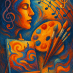 “A vibrant, colorful abstract painting inspired by musical rhythms and harmony, showing visual patterns that reflect soundwaves and emotional tones.”