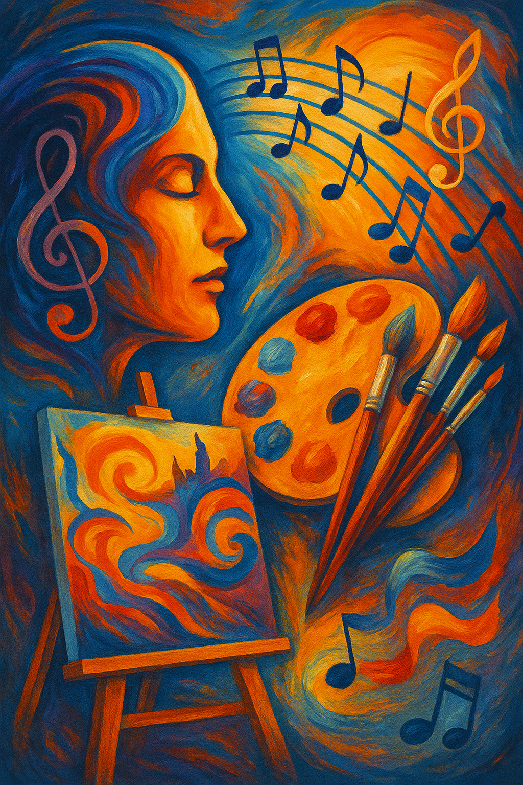 “A vibrant, colorful abstract painting inspired by musical rhythms and harmony, showing visual patterns that reflect soundwaves and emotional tones.”