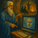 Painting of Plato’s cave allegory showing figures facing digital screens, symbolizing modern illusions and enlightenment