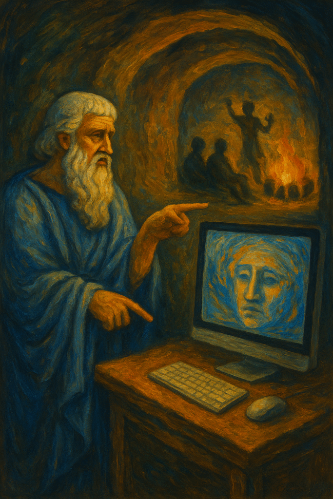 Painting of Plato’s cave allegory showing figures facing digital screens, symbolizing modern illusions and enlightenment