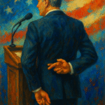 Oil painting depicting abstract political figures with symbolic elements of deception and power