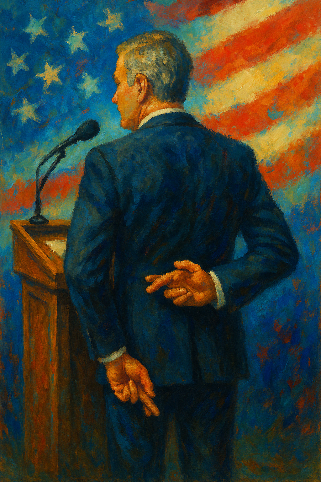 Oil painting depicting abstract political figures with symbolic elements of deception and power