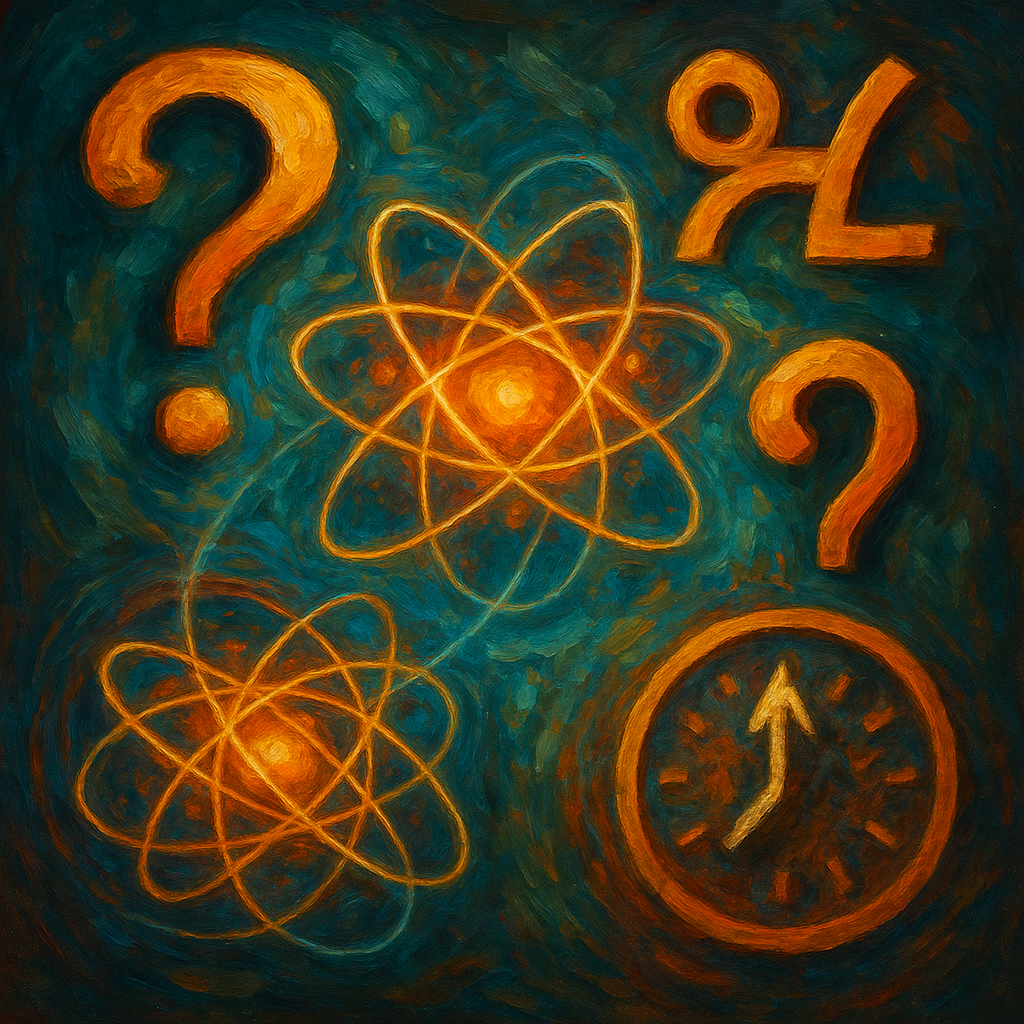 Artistic depiction of quantum particles, logic symbols, and time illustrating quantum mechanics paradoxes