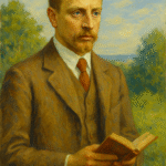 Oil painting of Rainer Maria Rilke standing outside in a brown suit, holding an open book with a solemn expression, surrounded by trees and blue sky—symbolizing his poetic influence and renewed popularity.