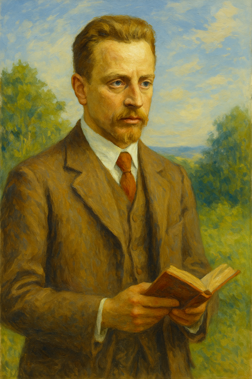 Oil painting of Rainer Maria Rilke standing outside in a brown suit, holding an open book with a solemn expression, surrounded by trees and blue sky—symbolizing his poetic influence and renewed popularity.