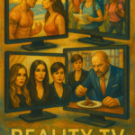 A detailed traditional painting of four TV screens showing various reality show scenes: a beach argument, a team hiking challenge, a fashion panel with women in dark dresses, and a man in a suit judging food. The overall tone is warm and artistic, reflecting the cultural impact of reality television.