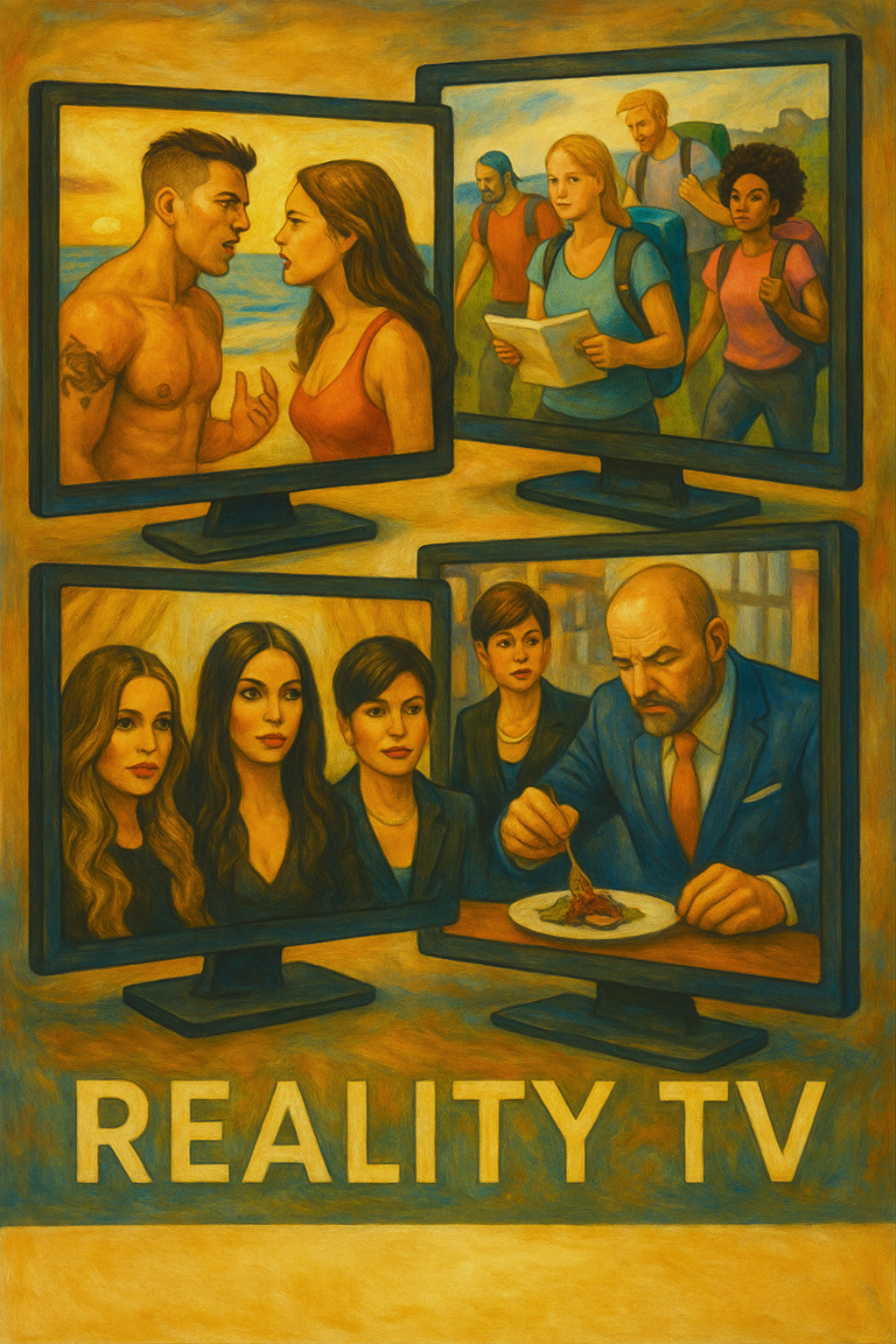 A detailed traditional painting of four TV screens showing various reality show scenes: a beach argument, a team hiking challenge, a fashion panel with women in dark dresses, and a man in a suit judging food. The overall tone is warm and artistic, reflecting the cultural impact of reality television.