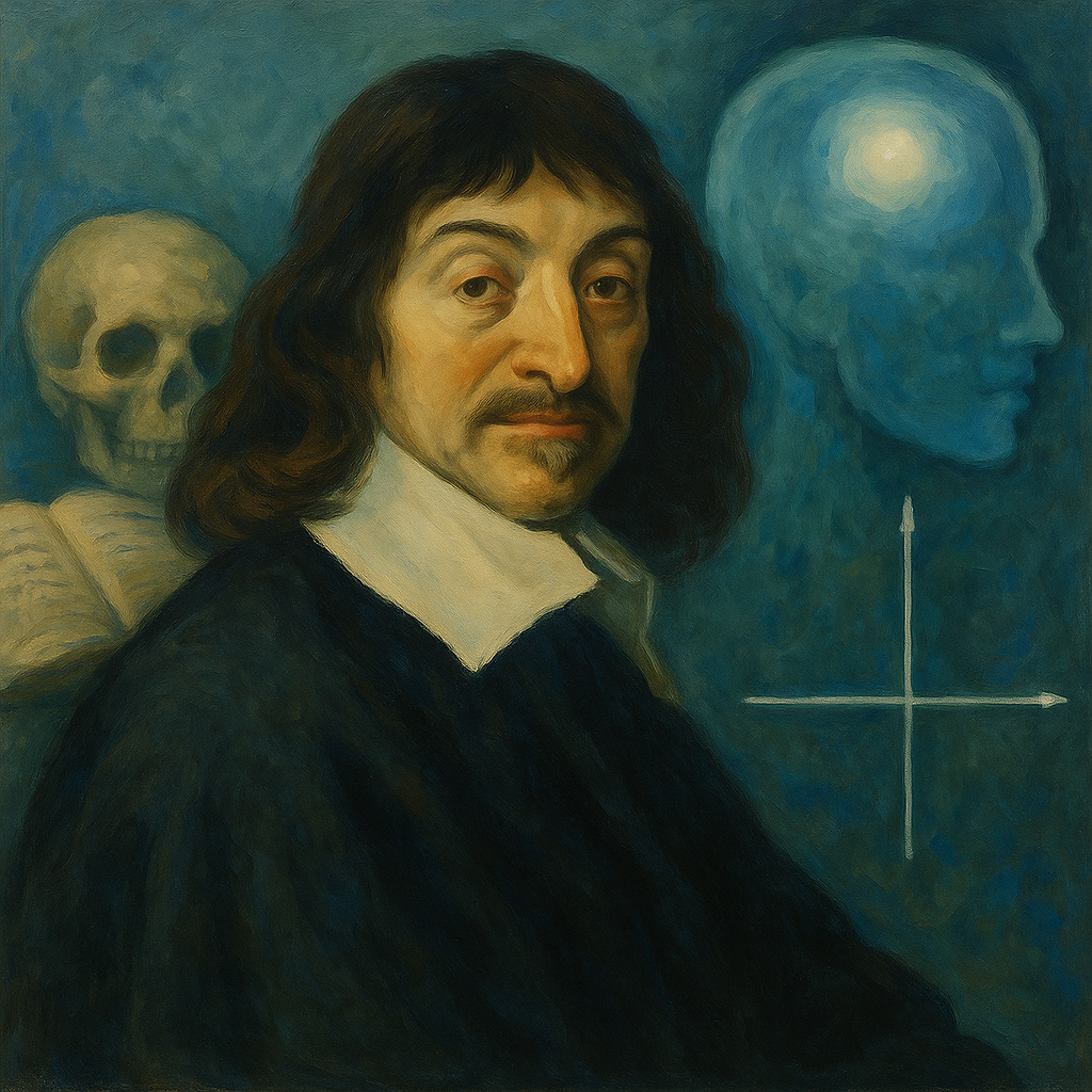 Oil painting portrait of René Descartes, Baroque-style, symbolizing philosophical rationalism and dualism