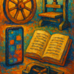 Colorful painting of a wheel, printing press, smartphone, and book, symbolizing revolutionary everyday objects in human history