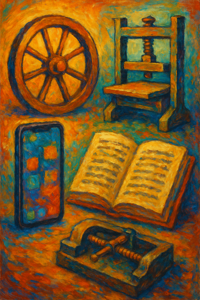 Colorful painting of a wheel, printing press, smartphone, and book, symbolizing revolutionary everyday objects in human history