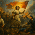 Oil painting of a revolutionary uprising with dramatic crowd movement and flags