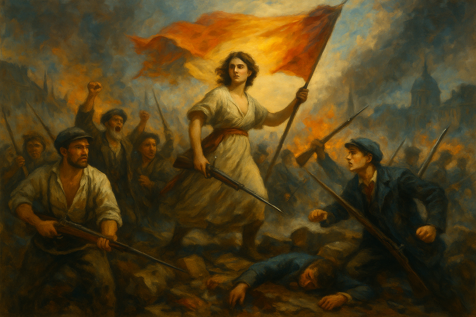 Oil painting of a revolutionary uprising with dramatic crowd movement and flags