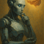 Humanoid robot thoughtfully gazing at a glowing brain, symbolizing AI consciousness and philosophical reflection