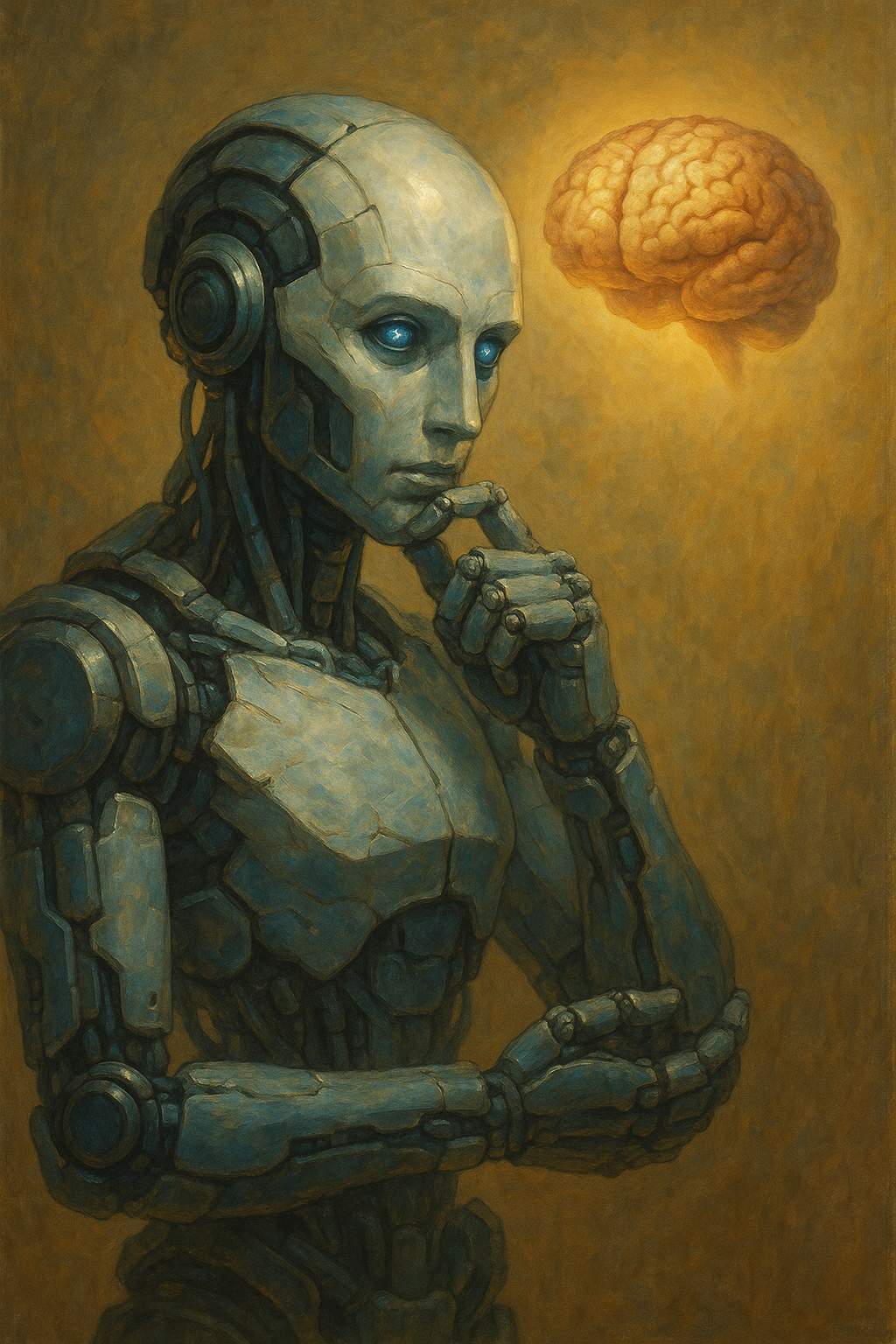 Humanoid robot thoughtfully gazing at a glowing brain, symbolizing AI consciousness and philosophical reflection