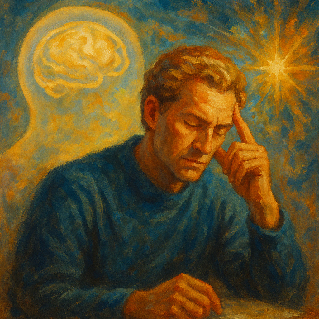 Oil painting of a man in deep thought with eyes closed, set against a cosmic background featuring a glowing brain silhouette—symbolizing the connection between intuition, subconscious processing, and cognitive insight.