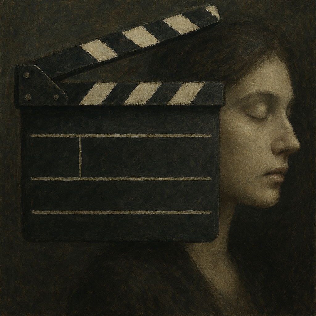 Oil painting of a woman with closed eyes beside a film clapperboard, symbolizing cinematic silence and storytelling depth