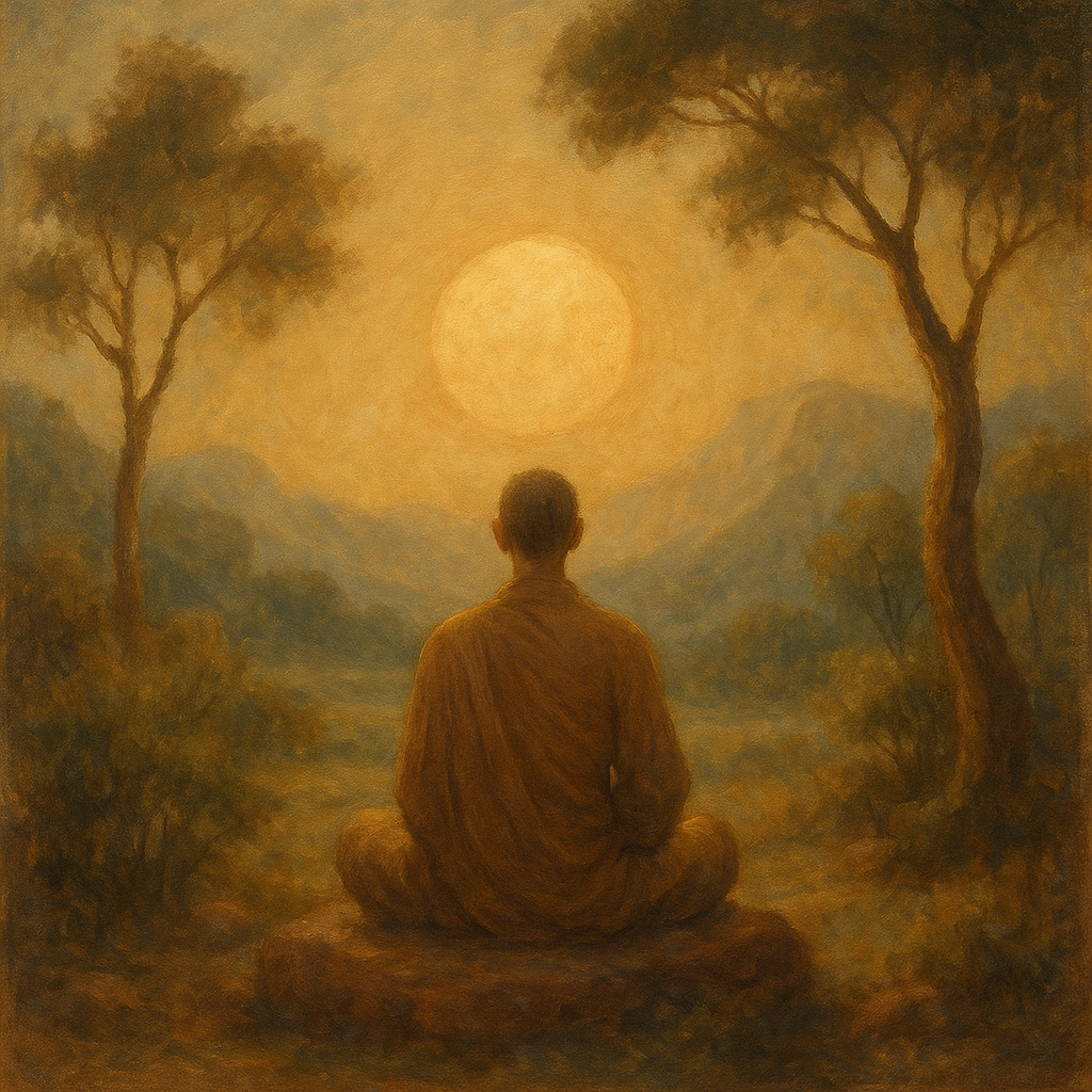 A traditional oil or acrylic painting showing a serene elderly figure in a minimalist, contemplative environment, symbolizing the virtue of simplicity