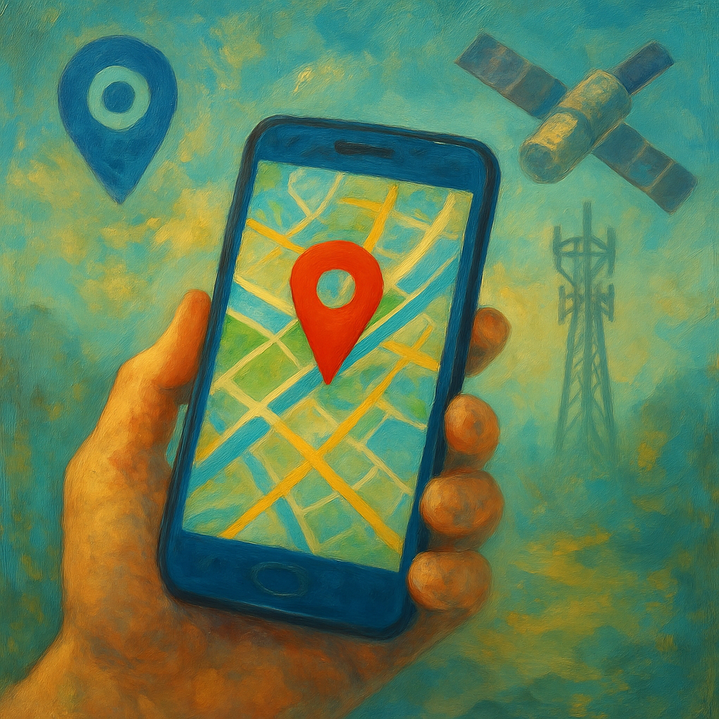 Illustration of a smartphone showing a digital map with GPS tracking and location icons.