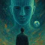 A surreal digital painting depicting a human figure standing inside a grid-like digital landscape, symbolizing simulation theory and the illusion of constructed reality