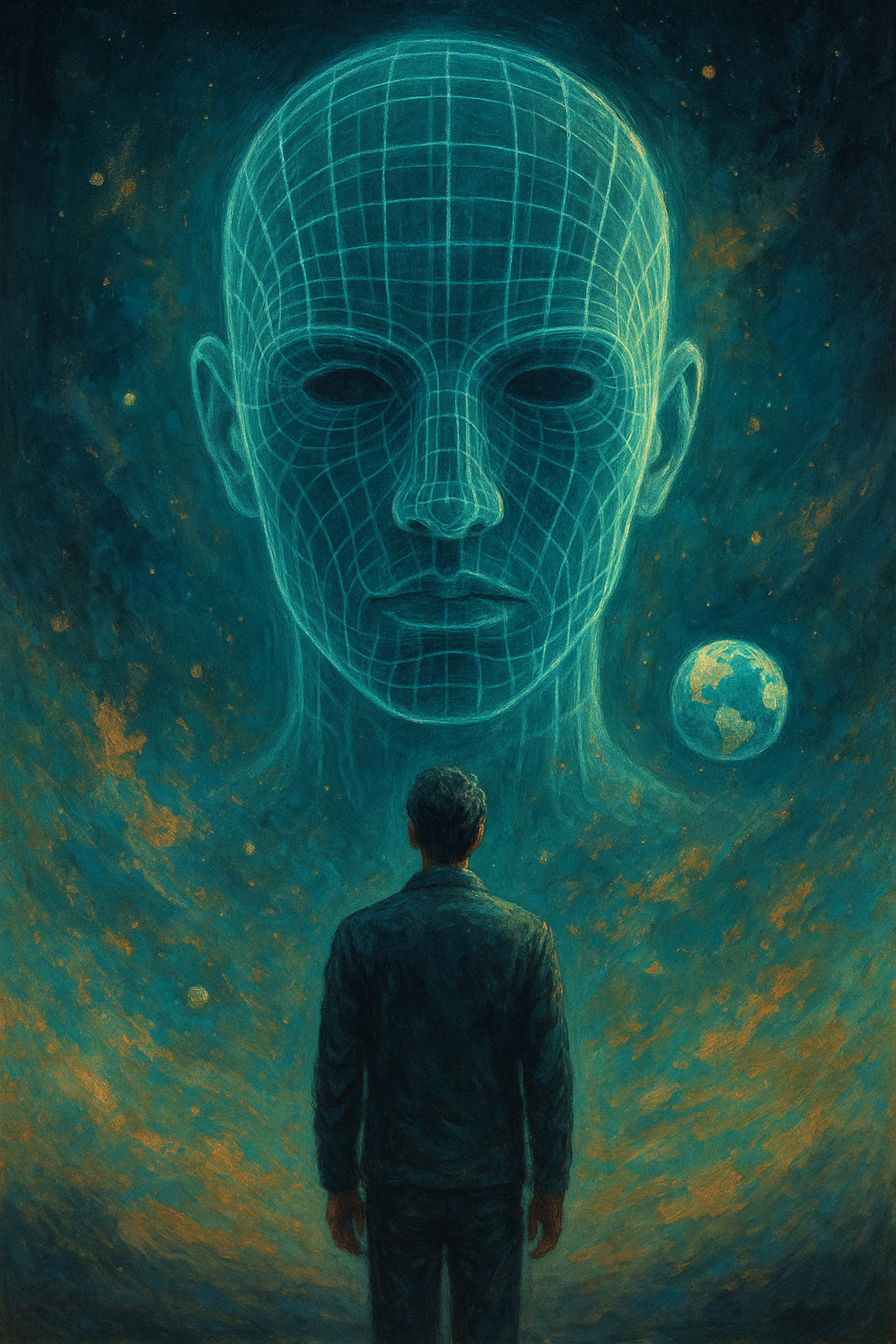 A surreal digital painting depicting a human figure standing inside a grid-like digital landscape, symbolizing simulation theory and the illusion of constructed reality