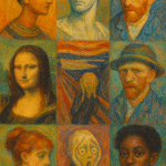 Impressionist-style oil painting depicting diverse human faces symbolizing emotion, identity, and cultural interpretation across different eras.