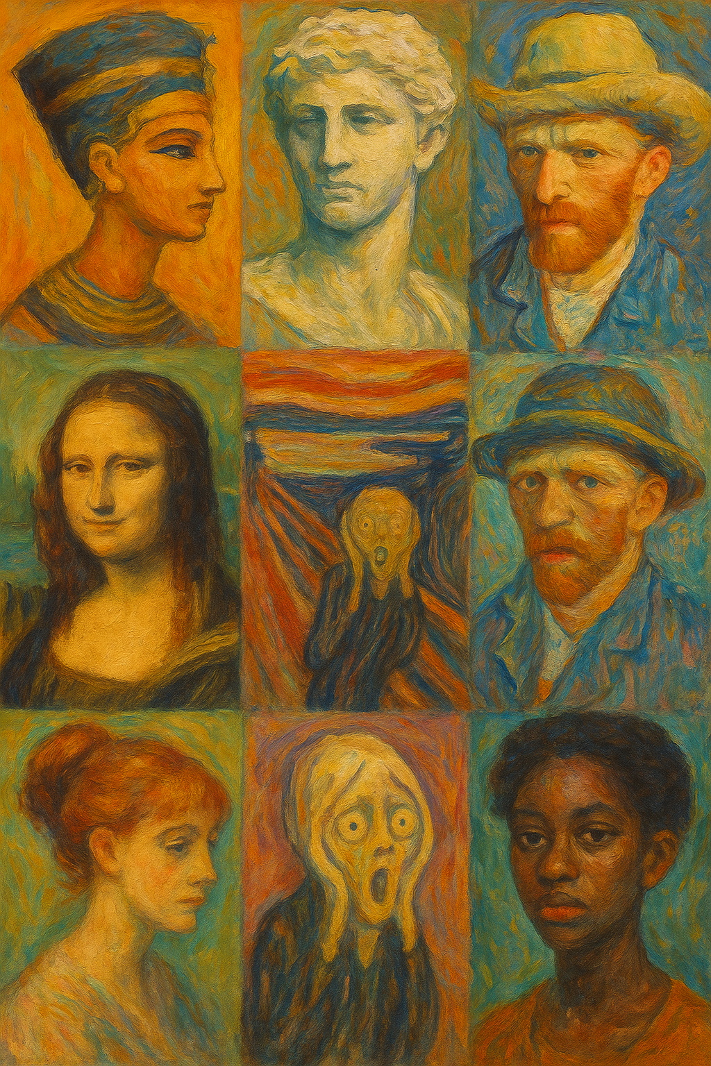 Impressionist-style oil painting depicting diverse human faces symbolizing emotion, identity, and cultural interpretation across different eras.