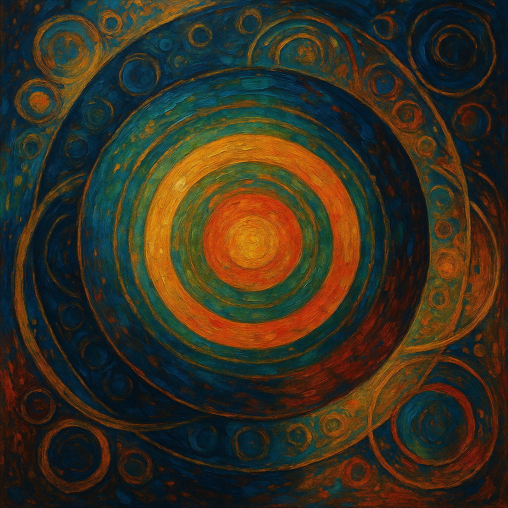 "A traditional oil painting with colorful, interconnected circles symbolizing unity, wholeness, and the cycle of life in visual art."