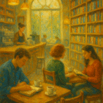 Bright oil painting of a cozy café with bookshelves, warm lighting, and people reading and chatting at wooden tables—capturing the spirit of third spaces that foster connection and belonging.